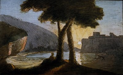 रोमन खंडहर पर सूर्यास्त। जोहान वोल्फगैंग वॉन गोएथे (1749-1832) द्वारा जल रंग। 19वीं सदी की शुरुआत द्वारा जोहान वोल्फगैंग वॉन गोएथे