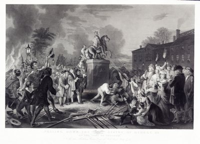 जुलाई 1776 के न्यू यॉर्क के बॉलिंग ग्रीन, सिटी ऑफ फ्रीडम के संस द्वारा जॉर्ज III की प्रतिमा को खींचना। 1875 द्वारा ओर्टेल के बाद जोहान्स एडम साइमन
