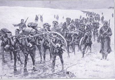 जापानी मार्च पर। पैक पोनीज़ के स्थान पर पुरुषों का चित्रण रसो-जापानी युद्ध खंड 1 का इतिहास, c.1900 द्वारा जोहान्स हरमन बारेंड कोएकोक