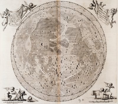 1647 में जोहान हेवेलियस द्वारा तैयार किए गए चंद्रमा का पहला विस्तृत नक्शा, जोहान हेवेलियस (1611-1687) खगोलीय एटलस सेलेनोग्राफिया सिव लूना डिस्क्रिप्टियो, डांस्क से लिया गया प्रिंट द्वारा जोहान्स हेवेलियस