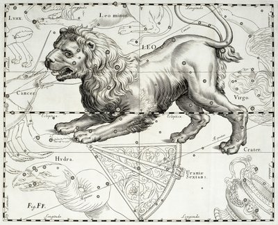 सिंह, सिंह का राशि चक्र नक्षत्र, जोहान हेवेलियस (1611-1687) स्टार एटलस से लिया गया चित्रण द्वारा जोहान्स हेवेलियस