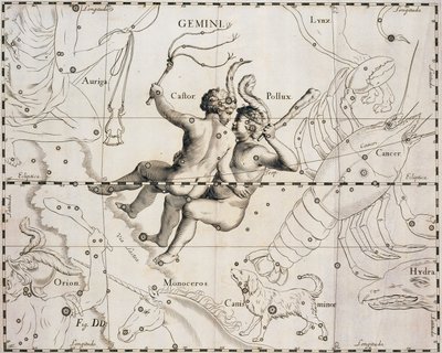 जेमिनी का नक्षत्र, जोहान हेवेलियस (1611-1687), डांस्क 1690 द्वारा फर्ममेंटम सोबिसियनम या यूरेनोग्राफिया से चित्रण द्वारा जोहान्स हेवेलियस