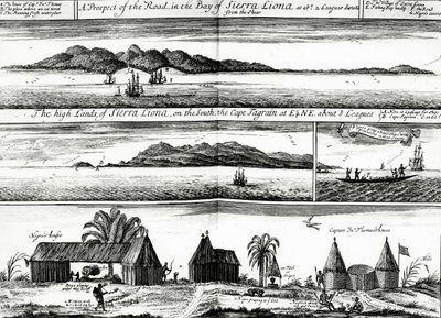 1732 में प्रकाशित अवनेश और जॉन चर्चिल के &39;अ कलेक्शन ऑफ वॉयज एंड ट्रैवल्स&39; के खंड 5 से एक चित्रण सिएरा लियोना की खाड़ी में सड़क की एक संभावना द्वारा जोहान्स किप