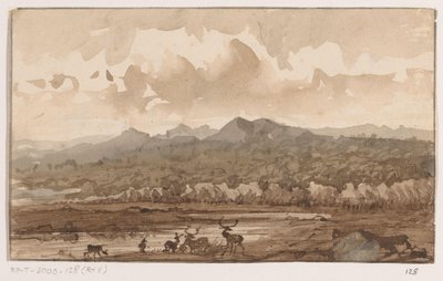 हिरणों के साथ पहाड़ी परिदृश्य द्वारा जोहान्स टेवेनराट (कलाकार द्वारा हस्ताक्षरित)