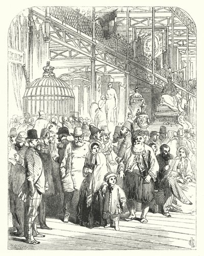 क्रिस्टल पैलेस, हाइड पार्क, लंदन में प्रदर्शक और आगंतुक, 1851 की महान प्रदर्शनी का स्थान (उत्कीर्णन) द्वारा जॉन (बाद) गिल्बर्ट