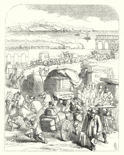 1851 की महान प्रदर्शनी, क्रिस्टल पैलेस, हाइड पार्क, लंदन (उत्कीर्णन) में आगंतुकों को लाने वाले जहाज और ट्रेनें द्वारा जॉन (बाद) गिल्बर्ट
