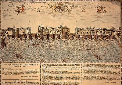 पूर्व से पश्चिम तक लंदन ब्रिज का दृश्य, एक 1624 उत्कीर्णन का पुनर्मुद्रण द्वारा जॉन (बाद) उत्तर