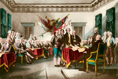 1776 में संयुक्त राज्य अमेरिका की स्वतंत्रता की घोषणा के हस्ताक्षर जॉन ट्रम्बल (1756-1843) की पेंटिंग के बाद उत्कीर्णन 1783 निजी संग्रह द्वारा जॉन (बाद) ट्रंबल