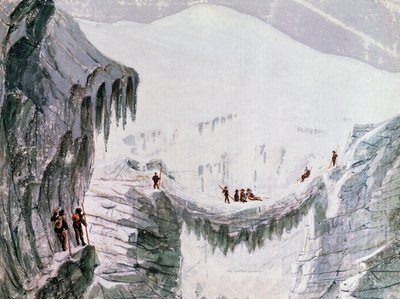 मोंट ब्लांक पर चढ़ना, पर्वतारोहियों को क्रेवास, वॉटरकलर, फ्रांस से निलंबित कर दिया गया द्वारा वाल्टर चार्ल्स मिल्स