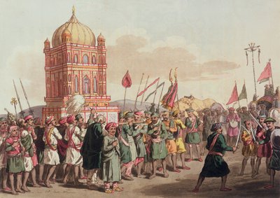 तजिया का जुलूस, &39;ए महरात्ता कैंप&39; से, 5 अप्रैल 1813 (रंग उत्कीर्णन) द्वारा जॉन ऑगस्टस एटकिंसन