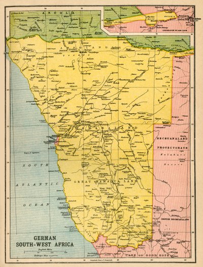 जर्मन दक्षिण पश्चिम अफ्रीका का नक्शा, प्रथम विश्व युद्ध, c1920। द्वारा जॉन बार्थोलोम्यू और बेटा