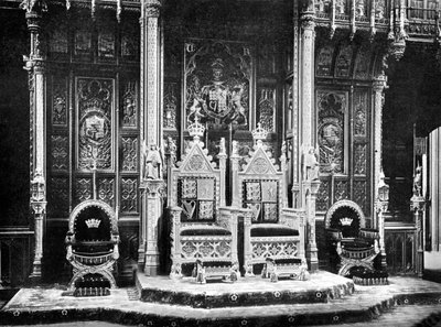 रॉयल सिंहासन, हाउस ऑफ लॉर्ड्स, वेस्टमिंस्टर, c1905। द्वारा जॉन बेंजामिन स्टोन