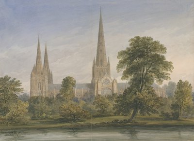 लिचफील्ड कैथेड्रल - साउथ ईस्ट व्यू: वाटर कलर पेंटिंग, एनडी [1842] द्वारा जॉन बकलर