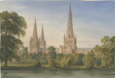 लिचफील्ड कैथेड्रल - साउथ साउथ ईस्ट व्यू: वाटर कलर पेंटिंग, 1842 द्वारा जॉन बकलर