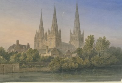 लिचफील्ड कैथेड्रल - साउथ वेस्ट व्यू: वाटर कलर पेंटिंग, 1839 द्वारा जॉन बकलर