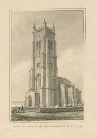 नोरफ़ोक - क्रॉमर - सेंट पीटर और सेंट पॉल चर्च: सीपिया ड्राइंग, 1847 द्वारा जॉन बकलर