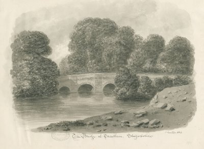 ट्रेंटम हॉल - ब्रिज: सीपिया वॉश ड्राइंग, 1844 द्वारा जॉन बकलर
