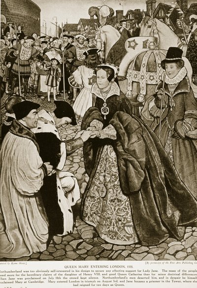 1553 में क्वीन मैरी का लंदन में प्रवेश, &39;हचिन्सन की कहानी ब्रिटिश राष्ट्र की कहानी&39;, c.1923 से द्वारा जॉन बयम लिस्टन शॉ
