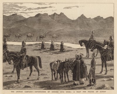 अफगान अभियान, भारत में सिरदारों का निर्वासन, सूर्यास्त के समय प्रार्थना के लिए एक हॉल्ट द्वारा John Charles Dollman