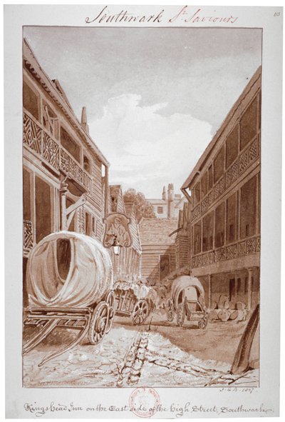 हाई स्ट्रीट, साउथवार्क, लंदन, 1827 के ईस्ट साइड पर किंग्स हेड इन। द्वारा जॉन चेसेल बकलर