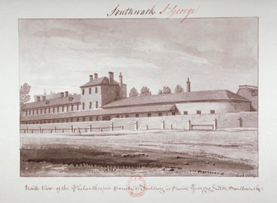 लंदन रोड, साउथवार्क, लंदन, 1827 पर फिलैंथ्रोपिक सोसाइटी इंस्टीट्यूशन का उत्तर दृश्य द्वारा जॉन चेसेल बकलर