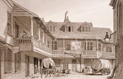 बरो हाई स्ट्रीट, साउथवार्क, लंदन, 1827 पर टैबर्ड इन। द्वारा जॉन चेसेल बकलर