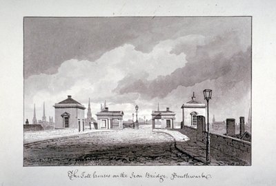 साउथवार्क ब्रिज, लंदन, 1827 पर टोल हाउस। द्वारा जॉन चेसेल बकलर