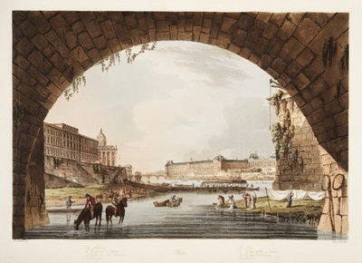 झिलमिली; मिंट; 4 राष्ट्रों का कॉलेज; पुनर्मिलन का पुल, वर्साय, पेरिस और सेंट डेनिस का चित्रण, पब। 1805 (एक्वाटिंट) द्वारा जॉन क्लाउड नटेस