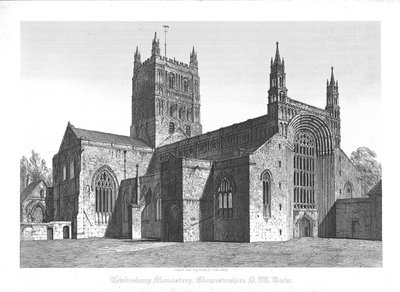Tewkesbury मठ, ग्लॉस्टरशायर, NW व्यू, 19 वीं सदी की शुरुआत में। द्वारा जॉन कोनी