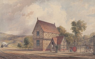 ट्यूडर स्टाइल रूरल ट्रेन स्टेशन और रेलरोड क्रॉसिंग, 1844-77। द्वारा जॉन कॉनेल ओगल