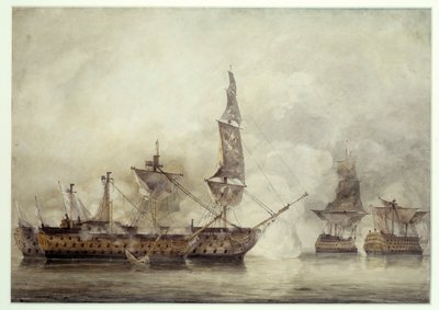 "विजय" में दो फ्रांसीसी जहाजों (1805) के बीच ट्राफलगर है। जॉन कांस्टेबल द्वारा ड्राइंग (1776-1837) द्वारा जॉन कांस्टेबल