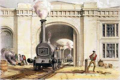 लोकोमोटिव इंजन हाउस के प्रवेश, कैमडेन टाउन, कलाकार द्वारा उत्कीर्ण, 1839 द्वारा जॉन कुक बोर्न