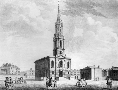 1753 में फील्ड्स में सेंट गिलिस चर्च के उत्तर-पश्चिम का दृश्य द्वारा जॉन डोनोवेल