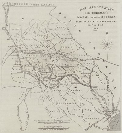 अटलांटा से सवाना, नवंबर और दिसंबर 1864 तक जॉर्जिया के माध्यम से जनरल शेरमन के मार्च को दर्शाता हुआ नक्शा द्वारा John Dower