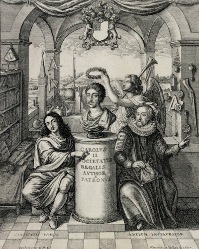 रॉयल सोसाइटी के संरक्षक के रूप में चार्ल्स द्वितीय (1630-85), वेंसलॉस होलर (1607-77) 1667 द्वारा उत्कीर्ण द्वारा जॉन एवलिन