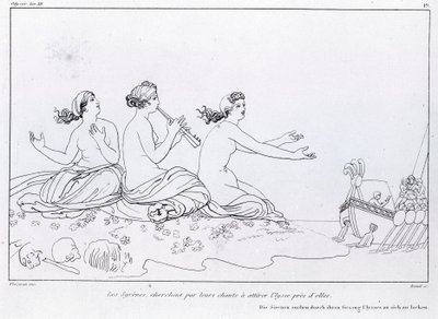 Mermaids Ulysses को आकर्षित करने के लिए अपने गीत की तलाश करते हैं। जॉन फ्लैक्समैन द्वारा चित्र (1755 - 1826)। होमर का ओडिसी। गीत बारहवीं। द्वारा जॉन फ्लैक्समैन