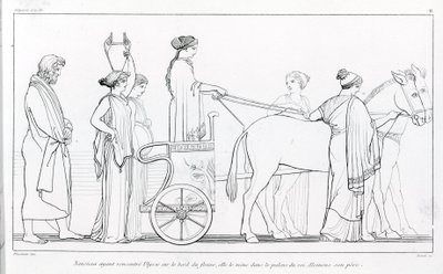 Nausicaa, जो अभी-अभी Ulysses से मिला था, उसे वापस अपने पिता के महल, King Alkinoos में ले जाता है। जॉन फ्लैक्समैन (1755 - 1826) द्वारा ड्राइंग। होमर का ओडिसी। गीत VI. द्वारा जॉन फ्लैक्समैन