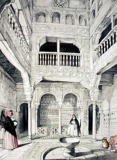 जेम्स डफिल्ड हार्डिंग (1798-1863) द्वारा उकेरी गई 'स्केच एंड ड्रॉइंग्स ऑफ द अलहम्ब्रा' से स्नानागार में प्रवेश द्वारा जॉन फ्रेडरिक (बाद) लुईस