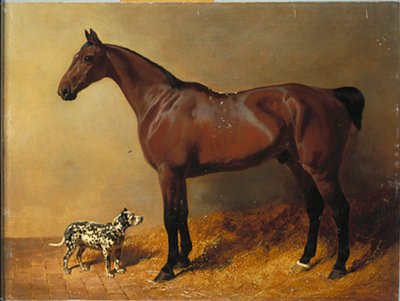 एक बे हंटर और एक चित्तीदार कुत्ता एक स्थिर इंटीरियर में, 1846 द्वारा जॉन फ्रेडरिक हेरिंग सीनियर