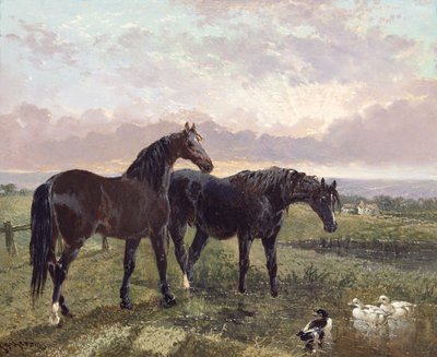 सूर्यास्त के समय दो घोड़े चरते हुए द्वारा John Frederick Herring Senior