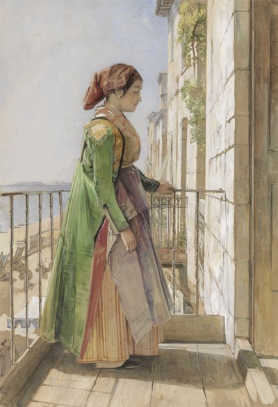 एक ग्रीक लड़की एक बालकनी पर खड़ी, c.1840 (कागज पर ग्रेफाइट पर पानी के रंग और गुच्छे) द्वारा जॉन फ्रेडरिक लुईस