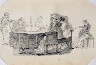 घर पर एक शाम, 1804 (कागज पर कलम और स्याही) द्वारा जॉन हार्डन