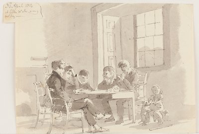 Storrs, Elterwater, 1814 (कागज पर धोने के साथ कलम और स्याही) पढ़ने वाले लड़के द्वारा जॉन हार्डन