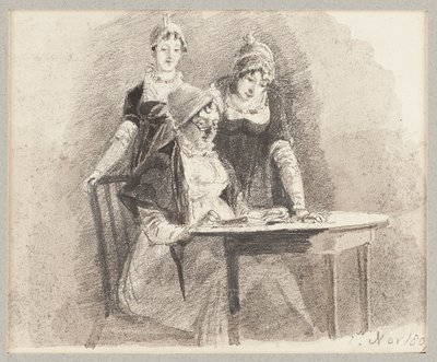 एक मेज पर तीन, एक बैठे, 1807 (कागज पर पेंसिल और वॉश) द्वारा जॉन हार्डन