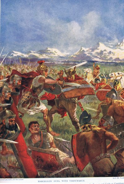 मार्डलस का विर्डुमारस के साथ द्वंद्वयुद्ध, &39;हचिंसन हिस्ट्री ऑफ द नेशंस&39;, 1900 के प्रारंभ में चित्रण द्वारा जॉन हैरिस वाल्डा