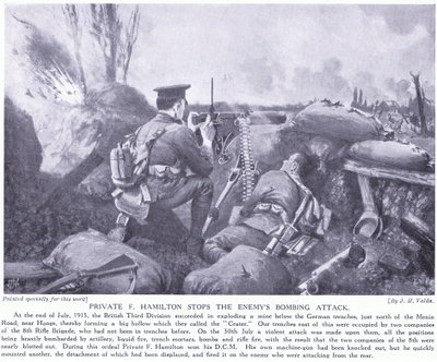 निजी एफ हैमिल्टन ने जुलाई 1915 को हुग में दुश्मन के बम हमले को रोककर डीसीएम को सम्मानित किया द्वारा जॉन हैरिस वाल्डा