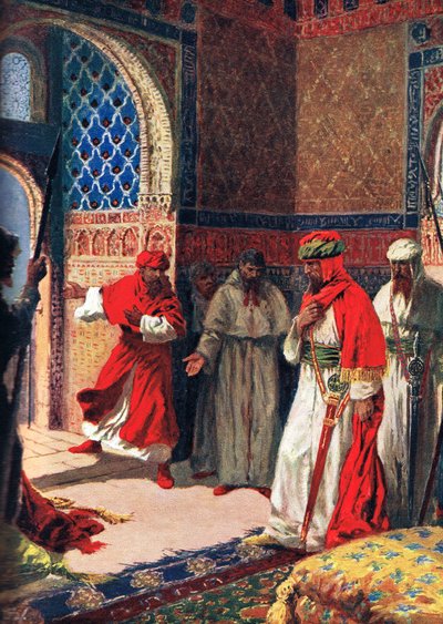 1492 में अल्हाम्ब्रा में बोबाडिल की अंतिम परिषद, &39;हचिन्सन हिस्ट्री ऑफ द नेशंस&39; से चित्र द्वारा जॉन हैरिस वाल्डा