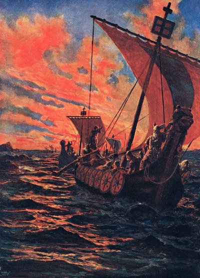 द रिटर्न ऑफ द वाइकिंग्स, 1900 के दशक की शुरुआत में &39;हचिन्सन हिस्ट्री ऑफ द नेशंस&39; से दृष्टांत द्वारा John Harris Valda