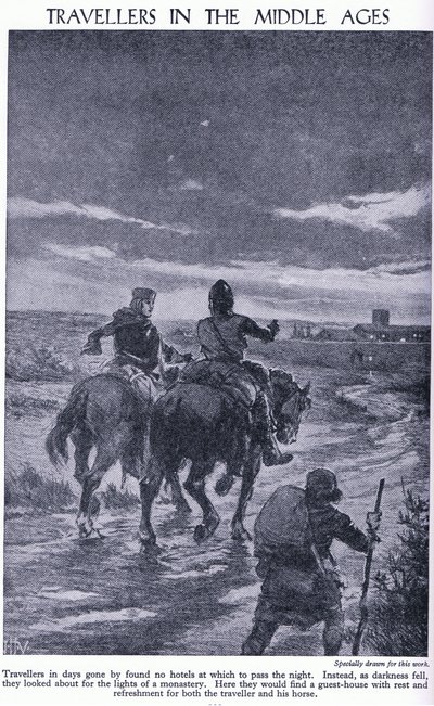 मध्य युग में यात्री। जब अंधेरा हुआ तो यात्रियों ने एक मठ की रोशनी की तलाश की, c.1950 द्वारा जॉन हैरिस वाल्डा