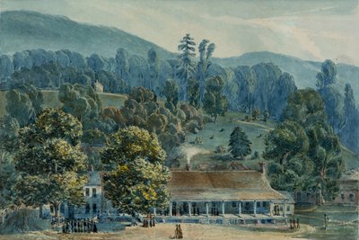 व्हाइट सल्फर स्प्रिंग्स, 1832 में भोजन कक्ष और स्टेज कार्यालय। द्वारा जॉन हेज़लहर्स्ट बोनेवल लैट्रोब